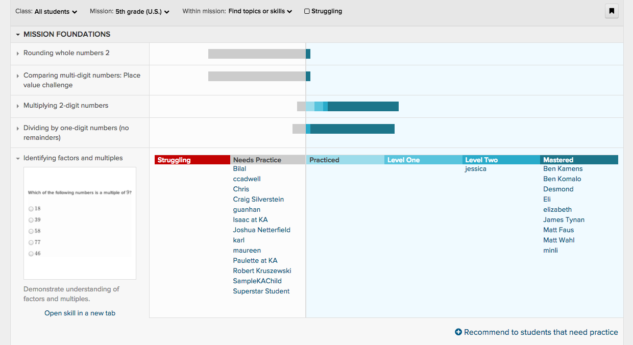 "Skill View" from Khan academy dashboard