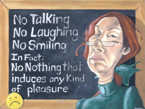 graphic that reads: "No talking, no laughing, no smiling" 