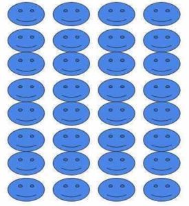 A 4 by 8 rectangular array of smiley faces, demonstrates one of the five meanings of multiplication