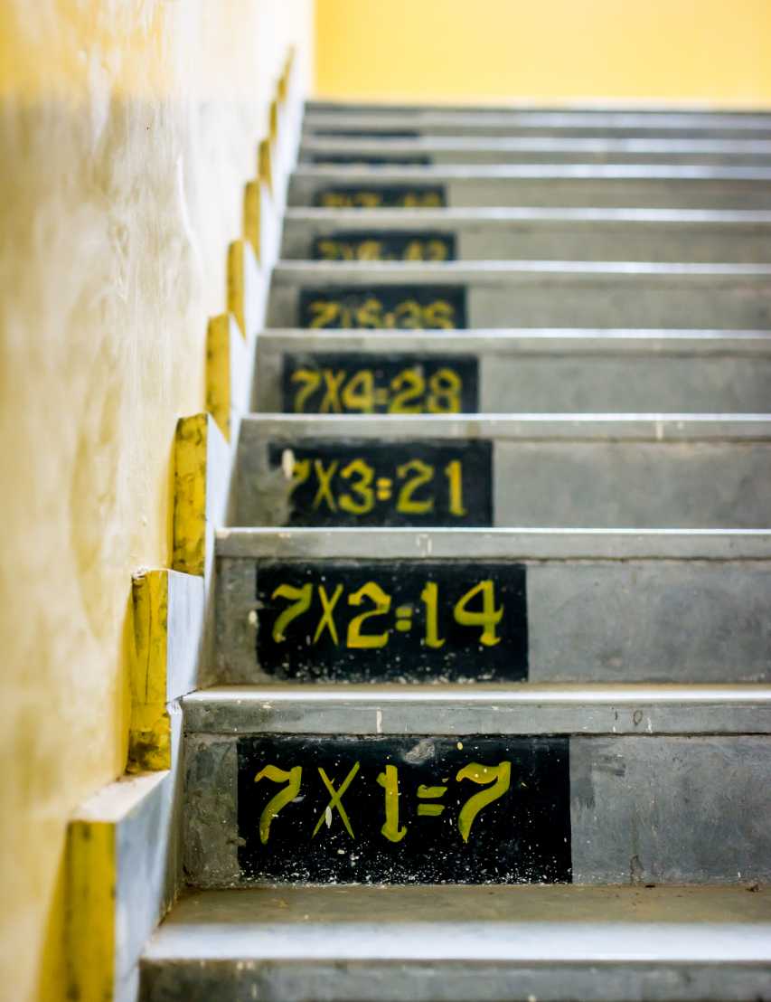 Stairs with the multiplication facts for the number 7