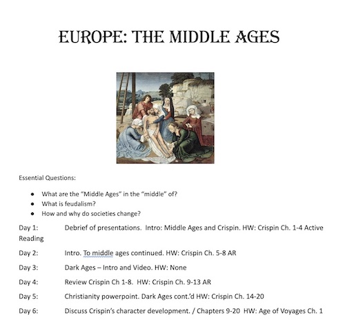 example unit plan for middle ages europe, including essential questions and daily overview