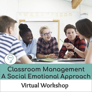 Header image for virtual professional development workshop on a Social-Emotional Approach to Classroom Management, showing four students engaged in collaborative learning