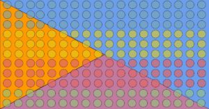 Visual representations of colored circles over a divided background to illustrate the importance of visuals in teaching division for conceptual understanding