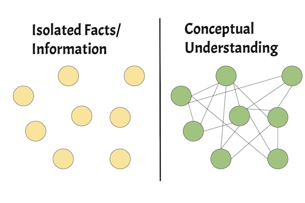 Diagram of how the difference between information (memorizing isolated facts) and conceptual understanding (a web built of both facts and connections)