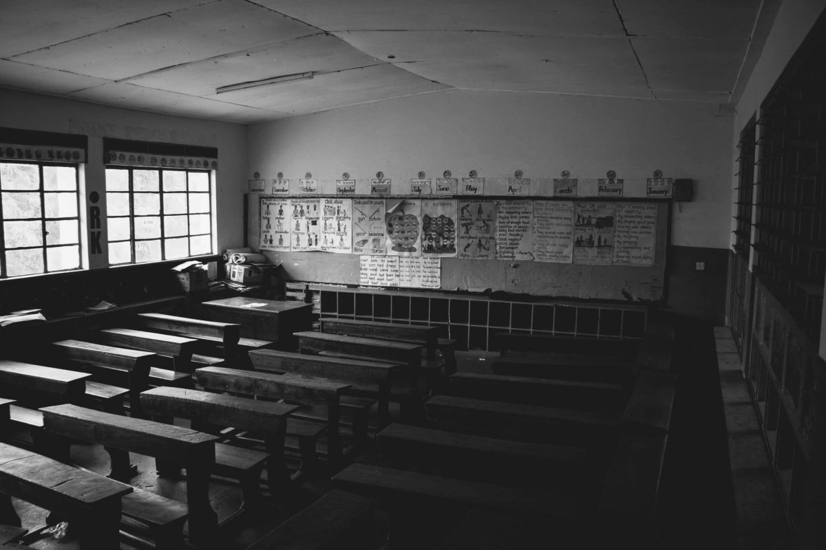 A dark and empty classroom from when schools close