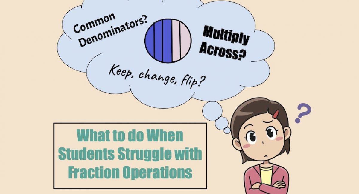 Students struggle with fraction operations when they lack conceptual understanding, often confusing multiple strategies like finding common denominators, keep change flip, or multiplying across